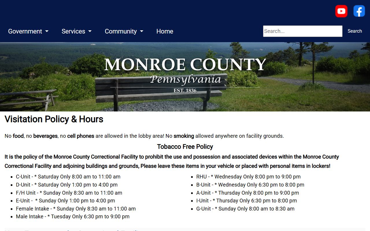 Monroe County Correctional Facility visitation schedule by unit